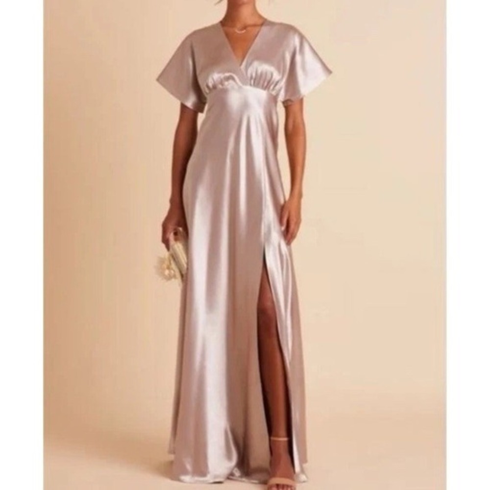 BIRDY GREY Jesse Dress Shiny Satin Taupe Size Large Bridesmaid Classic Slit